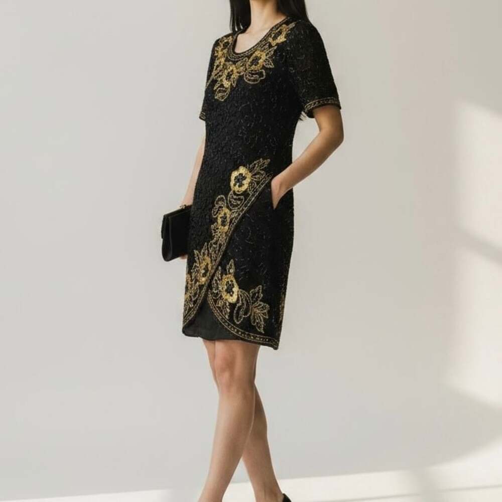 Vintage Beaded Silk Dress Black Gold Sz 10 Party Formal Wedding Cocktail NWT